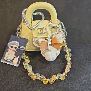 Inspired Light Yellow Mini Bag Charm with Bow and Beaded Chain
